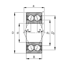 角接觸球軸承 3802-B-2RSR-TVH, 雙列，雙側(cè)唇密封，接觸角 α = 25°
