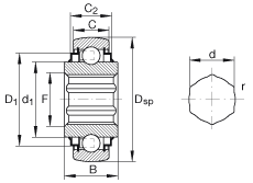外球面球軸承 SK104-207-KRR-B-AH12, 球面外圈，內(nèi)圈帶六角形孔，兩側(cè) R 型密封
